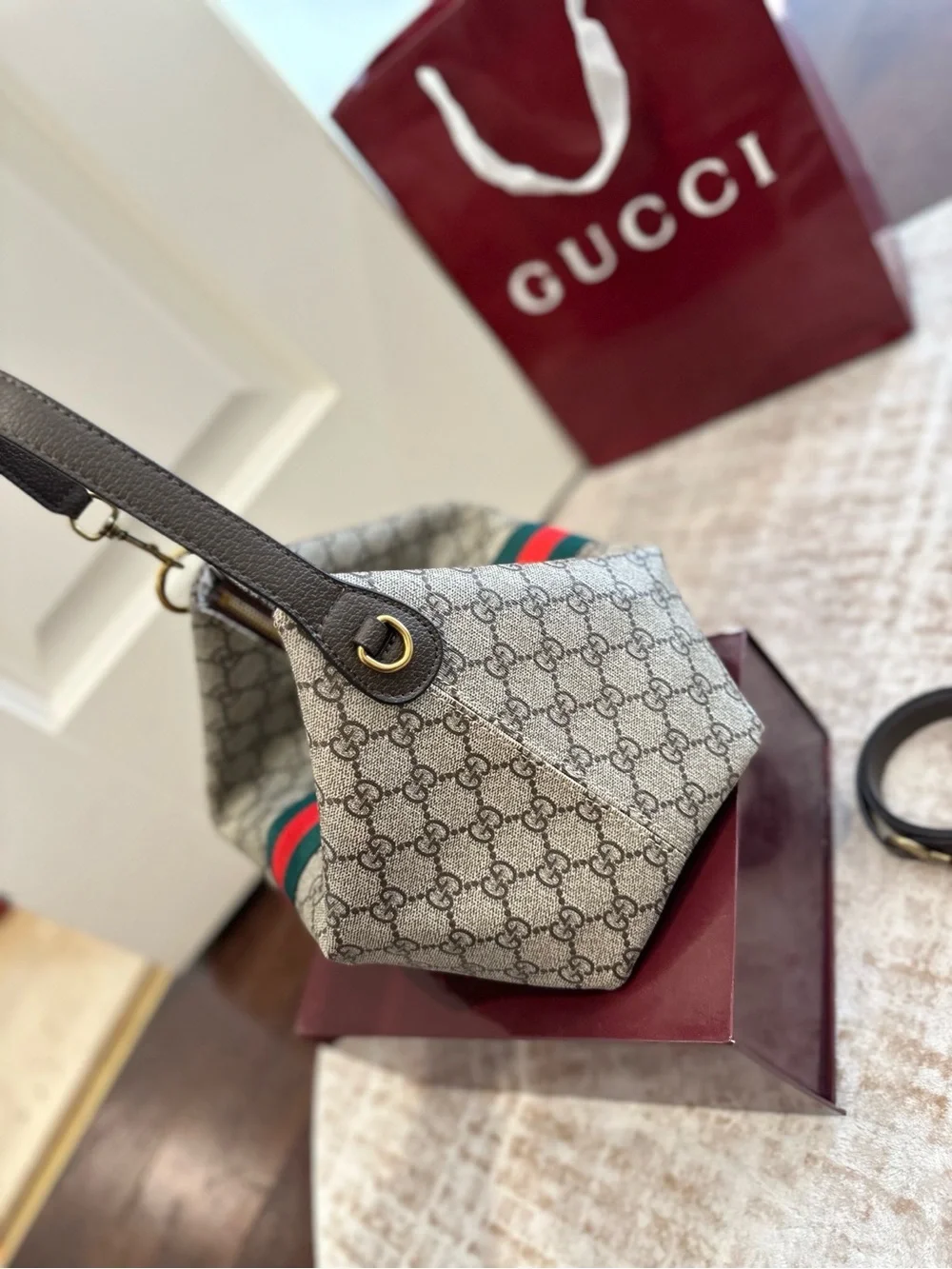 Gucci Beige GG Canvas Shoulder Tote with Green and Red Web Stripe